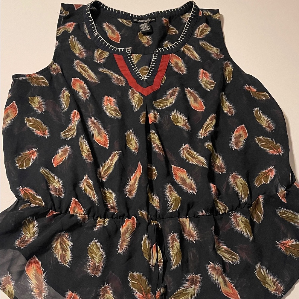 Navy Blue Feather-Print Boho Top Y2K